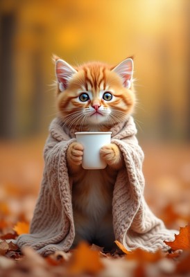 Cute kitten wrapped in a blanket holding a cup