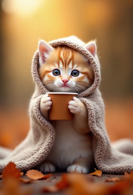 Cute orange kitten wrapped in a blanket holding a cup
