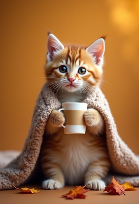Cozy kitten holding a cup in autumn setting