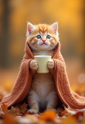 Cute kitten wrapped in blanket holding a cup in autumn