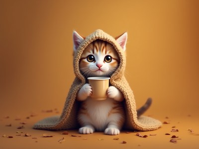 Cute kitten in a cozy blanket holding a cup