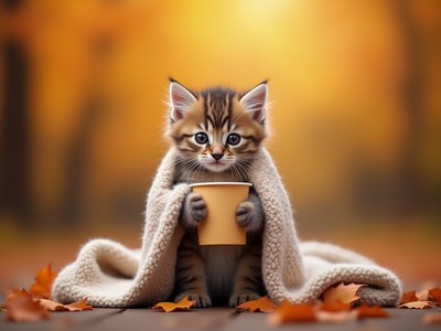 Cozy kitten holding a cup in an autumn setting