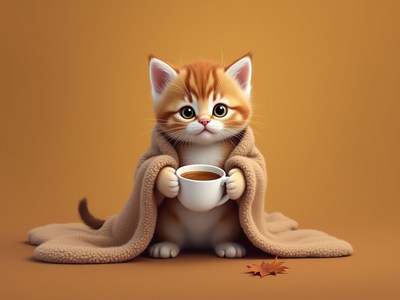Cozy kitten holding a warm drink on a fall day