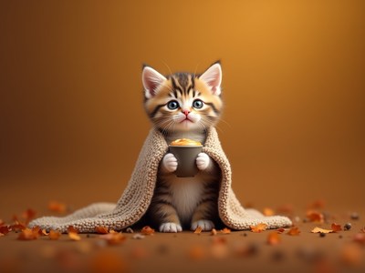 Cute kitten wrapped in a blanket holding warm drink
