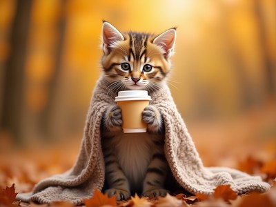 Cozy kitten enjoys warm drink in autumn forest
