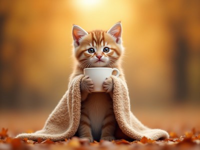 Cute kitten holding cup in autumn leaves scene