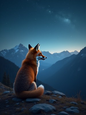 Fox gazes at mountain landscape under night sky