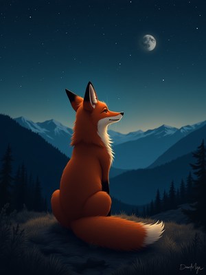 Fox gazes at the moonlit mountains under the night sky