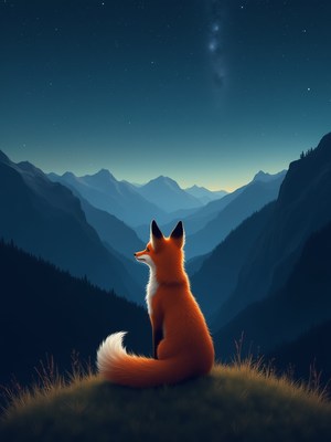 Fox sitting on a hill overlooking mountains at night