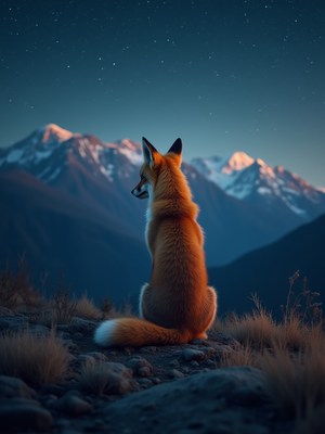 Fox gazing at mountains under a starry night sky