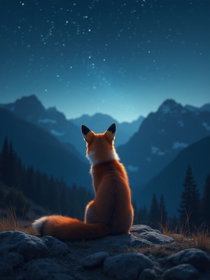 Fox gazes at the starry night in the mountains