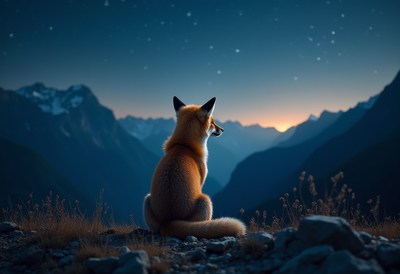 Fox watches the sunset over mountains under a starry sky