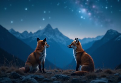 Foxes gaze at a starry night in a mountain landscape