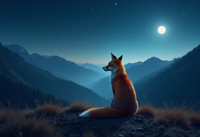 Fox sitting quietly under the moonlight in the mountains