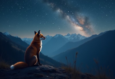 Fox gazes at the starry sky over mountain landscape