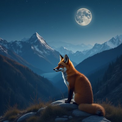 Fox resting on a rock under a bright moonlight