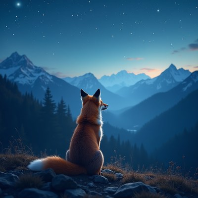 Fox gazes at starry sky over mountain landscape