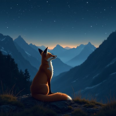 Fox watching stars in a mountain landscape at night