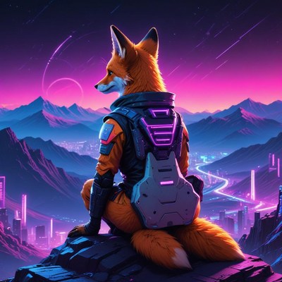 Futuristic fox gazes over a neon city at dusk