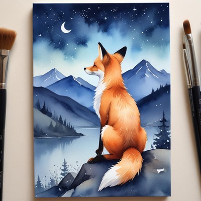 Fox sitting by a lake under a starry night sky