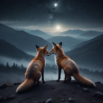 Two foxes gazing at the starry night in the mountains