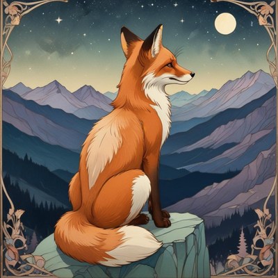 Majestic fox gazing at the moonlit mountains at night
