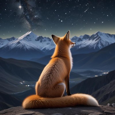 Fox gazing at the starry sky over mountains