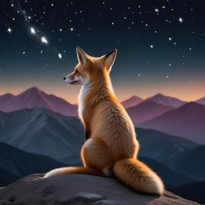 Fox gazes at the starry sky over the mountains