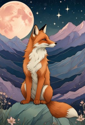 Fox sitting on a rock under a glowing moonlit sky