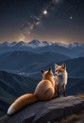 Two foxes gazing at the starry night over mountains