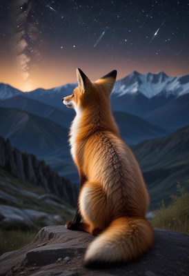 Fox gazing at stars in mountain landscape at dusk