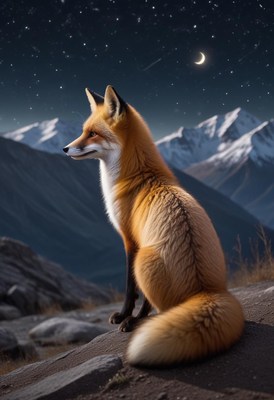 Fox gazing at the night sky under starry mountains