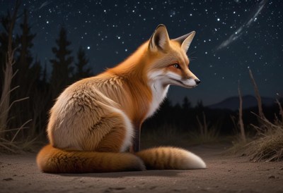 Red fox sits quietly under a starry night sky