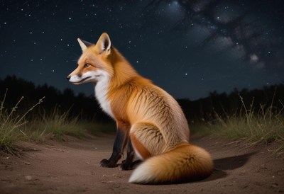 Fox sits quietly under a starry night sky