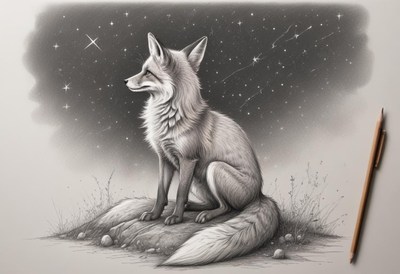 Fox sitting on a rock under a starry sky