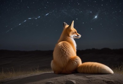 Fox gazes at the starry night sky in a tranquil landscape
