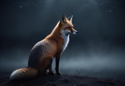 Majestic fox standing in the moonlit forest at night