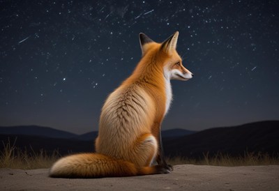 Fox observing the starry night sky in nature