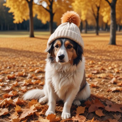 Dog wearing a hat in a sunny autumn park