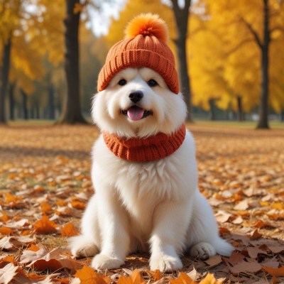 Happy dog in autumn park wearing a cozy hat and scarf