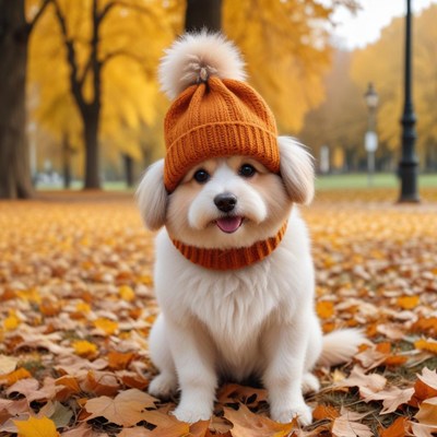 Cute dog wearing a hat in autumn park setting