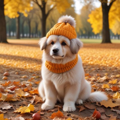 Dog in an orange hat and scarf during autumn season