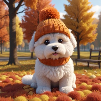 Cute dog in orange hat enjoys autumn park setting