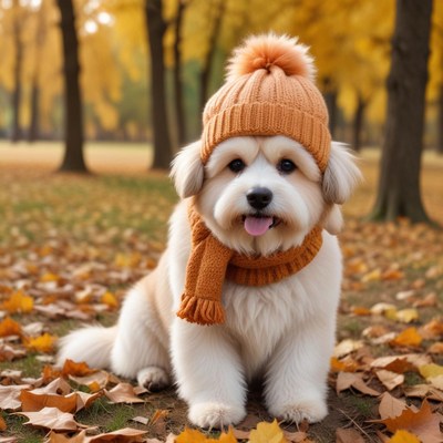 Dog wearing warm hat and scarf in autumn park