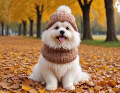 Dog dressed in warm sweater and hat in autumn park