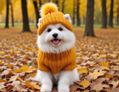 Cute dog wearing a cozy sweater in autumn park