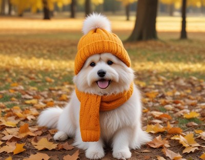 Dog in warm hat and scarf enjoying autumn in the park