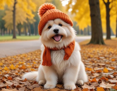Playful dog in autumn park wearing hat and scarf