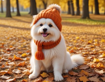 Fluffy dog in an orange hat enjoys autumn in the park