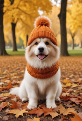 Cute dog in a cozy orange hat during autumn stroll